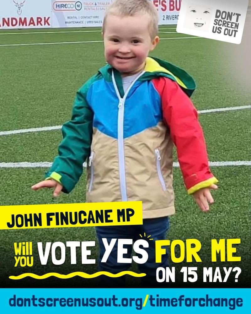 Harry lives in your constituency @johnfinucane Will you vote in support of Harry and other people with Down’s syndrome on 15 May - and vote YES to @LiamFox Down’s Syndrome Equality Amendment? Find out more + ask your MP to vote YES on 15 May here: ➡️dontscreenusout.org/timeforchange/