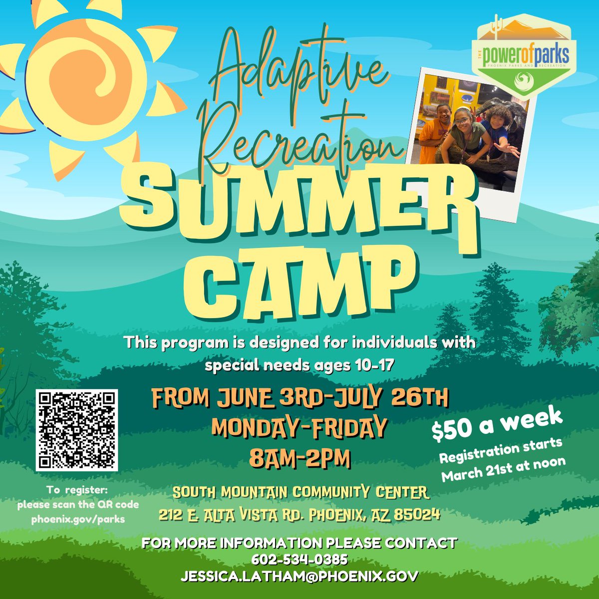 Excited to announce our Adaptive Recreation Summer Camp for special needs individuals aged 10-17! $50 a week. Let's make this summer unforgettable! 💫 📍 South Mountain Community Center, 212 E Alta Vista Rd. Phoenix AZ 85024 🗓️ June 3rd - July 26th, Monday - Friday, 8am - 2pm