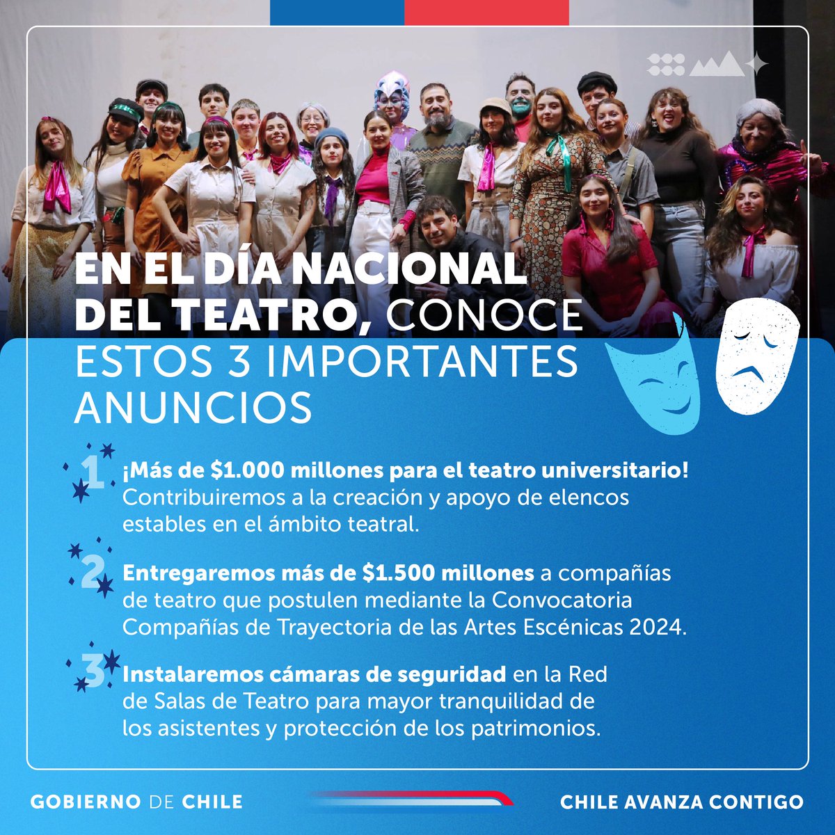 Como parte de la celebración del Día Nacional del Teatro, ¡anunciamos 3️⃣ buenas noticas para el sector! Reafirmamos nuestro compromiso con la cultura y el teatro nacional, especialmente con los grupos escénicos que han forjado la identidad de las artes escénicas en nuestro país…