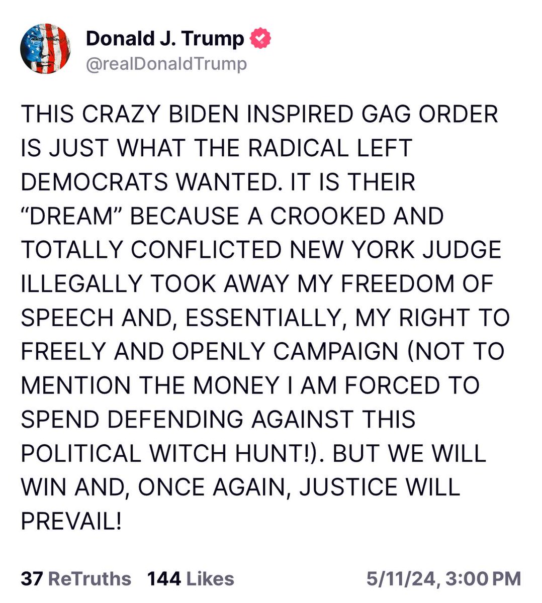 President Trump: 'BUT WE WILL WIN AND, ONCE AGAIN, JUSTICE WILL PREVAIL!'