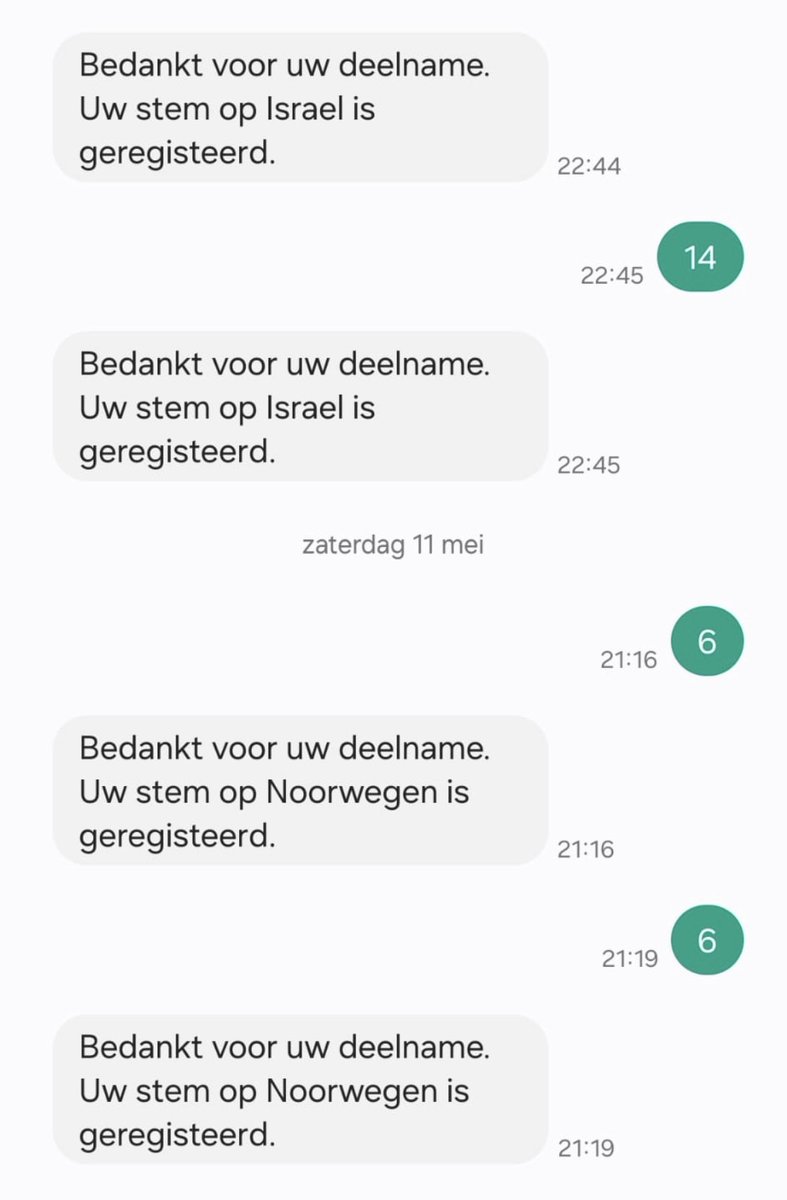 Mensen, stemmen met sms op Israël (06) geeft nu in sommige gevallen Noorwegen aan!!! Telefonisch deugt wel (09090306) Maar hier klopt niets van hoor #Eurovision2024 #Songfestival #ESF2024