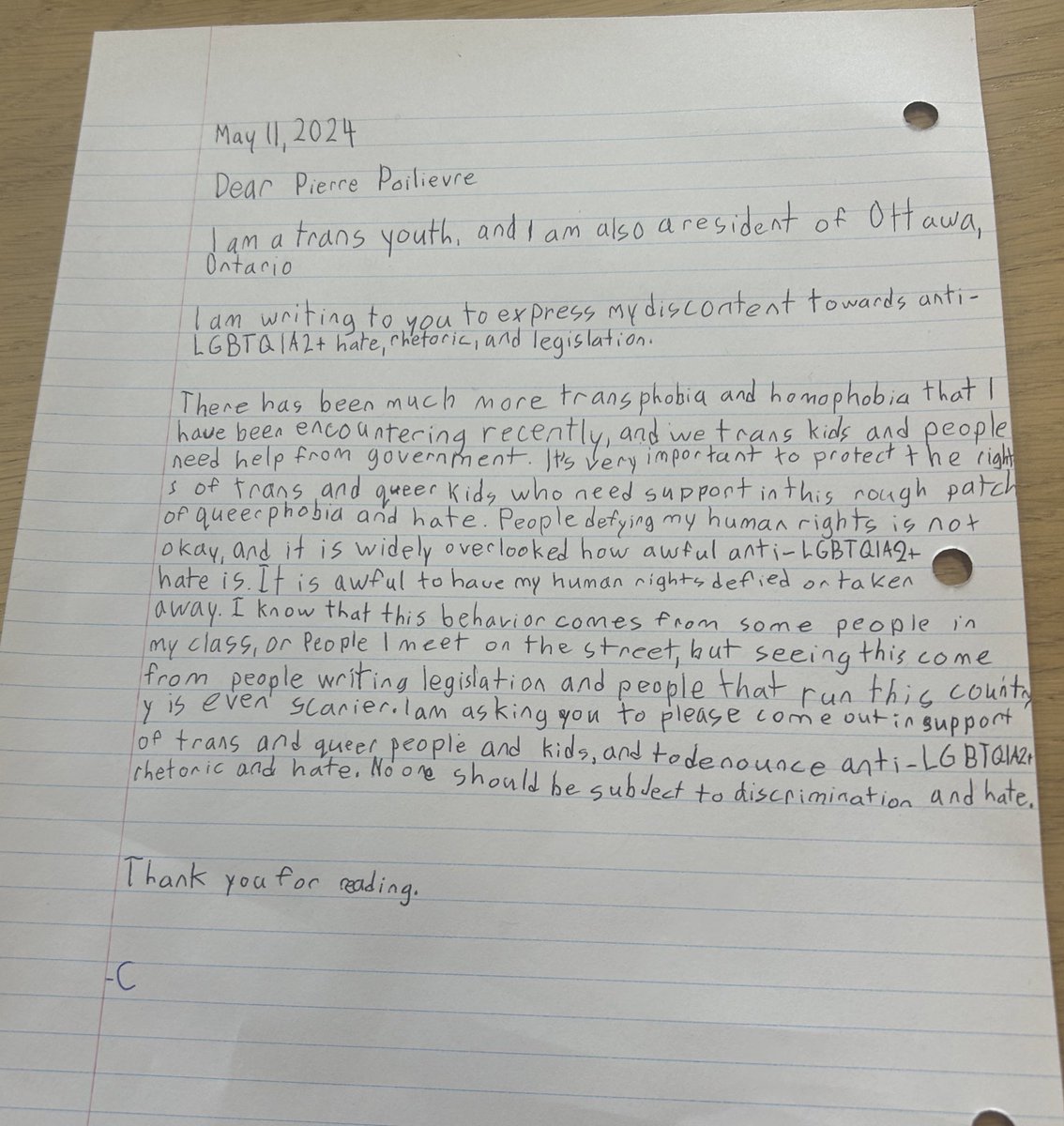 A young trans person at a #RainbowEquality letter writing event penned a letter to @PierrePoilievre asking him to support trans kids like them and reject transphobia. Retweet if you agree.