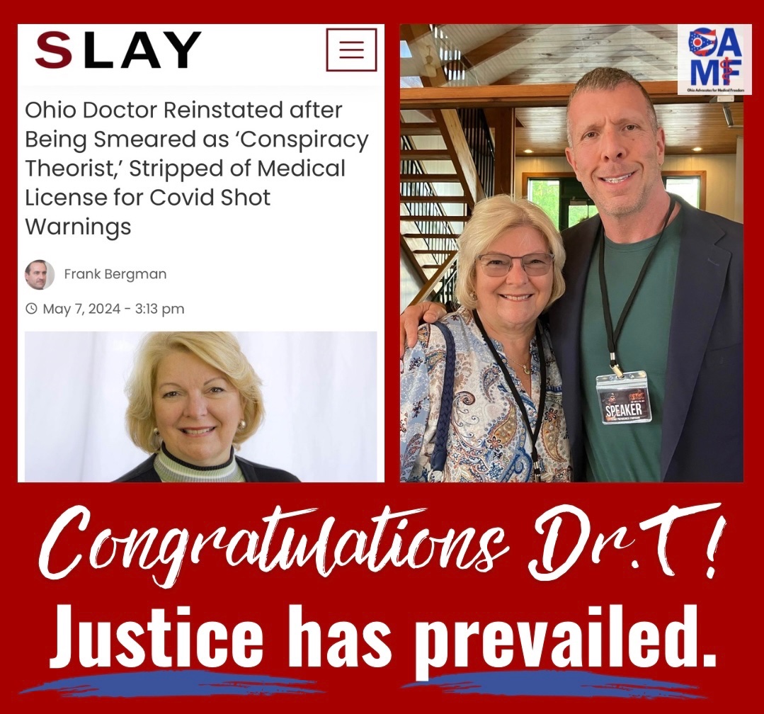 OhioAMF's tweet photo. Congratulations to @BusyDrT and Attorney @RenzTom on this success story. #TruthIsWinning It’s time to PROTECT FREE SPEECH for Health providers across Ohio! #YESonHB73
“She drew national attention in 2021 when she testified before a state legislative panel in support of a measure that would block vaccine requirements and mask mandates.”
“Her warning led to an investigation by Ohio State Medical Board and she was smeared as a ‘conspiracy theorist.’ ”
“ August 2023, Tenpenny was stripped of her medical license. The board has now voted 7-2 to restore her license.”
“The news comes as increasing numbers of doctors are now speaking out to warn of the dangers of Covid injections.”
“Just last month, a pro-vax doctor (Dr. Syafiq Nordin) admitted that he was wrong to recommend the shots to his patients and expressed deep regret, as Slay News reported.”
“Dr. Nordin joins several other prominent medical professionals who have U-turned on the Covid shots, including Dr. Drew, Dr. Aseem Malhotra, Dr. John Campbell, Prof. Angus Dalgleish, and more.“
@ohiogop @OHRGOPCaucus @ClevelandRTL @daylife72 @FrantzRantz @jackwindsor @RTL_CoalitionOH @ClevelandRTL @RenzTom @NEOhioLife @daylife72 @Covid19Critical @OhioSenateGOP @JDVance1 @WarrenDavidson @jenniferforrep @MikeLoychik @SamanaSheikh @Scott_Wiggam @Lear4Liberty