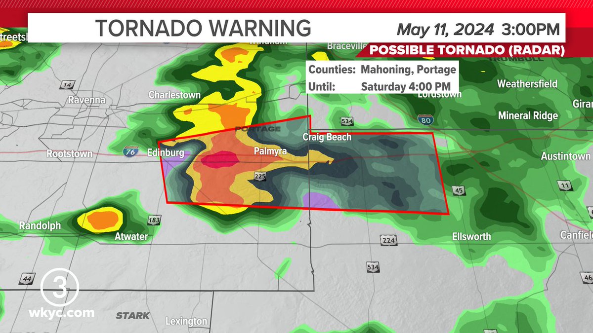 Tornado WarningPortage, Mahoning until May 11, 2024 4:00PM Take shelter immediately if in the warning. #3weather