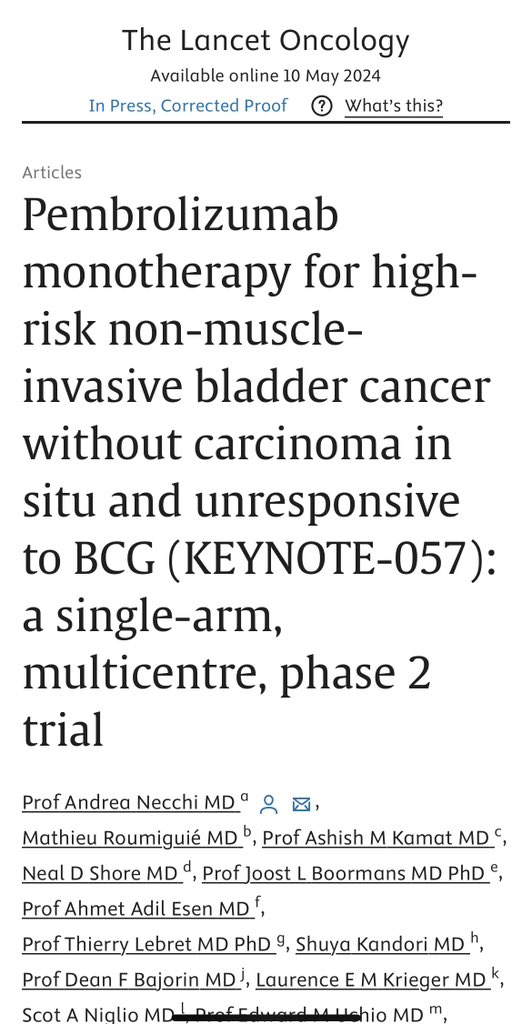 📍Keynote-057 Cohort B (Phase-2)

📍Pembrolizumab monotherapy  IV 200 mg/3 weeks up to 35 cycles

📍High-risk non-muscle-invasive bladder cancer (High grade Ta, any grade T1) without carcinoma in situ and unresponsive to BCG

➡️12-month disease-free survival was 43·5% (95% CI