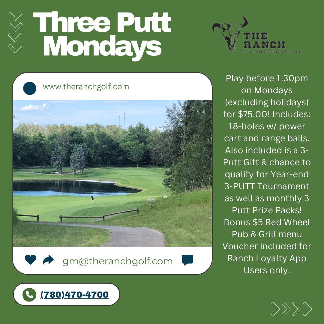 Play before 1:30pm on Mondays (excluding holidays) for $75.00! Includes: 18-holes w/ power cart and range balls.   Bonus $5 Red Wheel Pub & Grill menu Voucher included for Ranch Loyalty App Users only.

#yeggolf #ranchgolfyeg #Golf #ExploreEdmonton