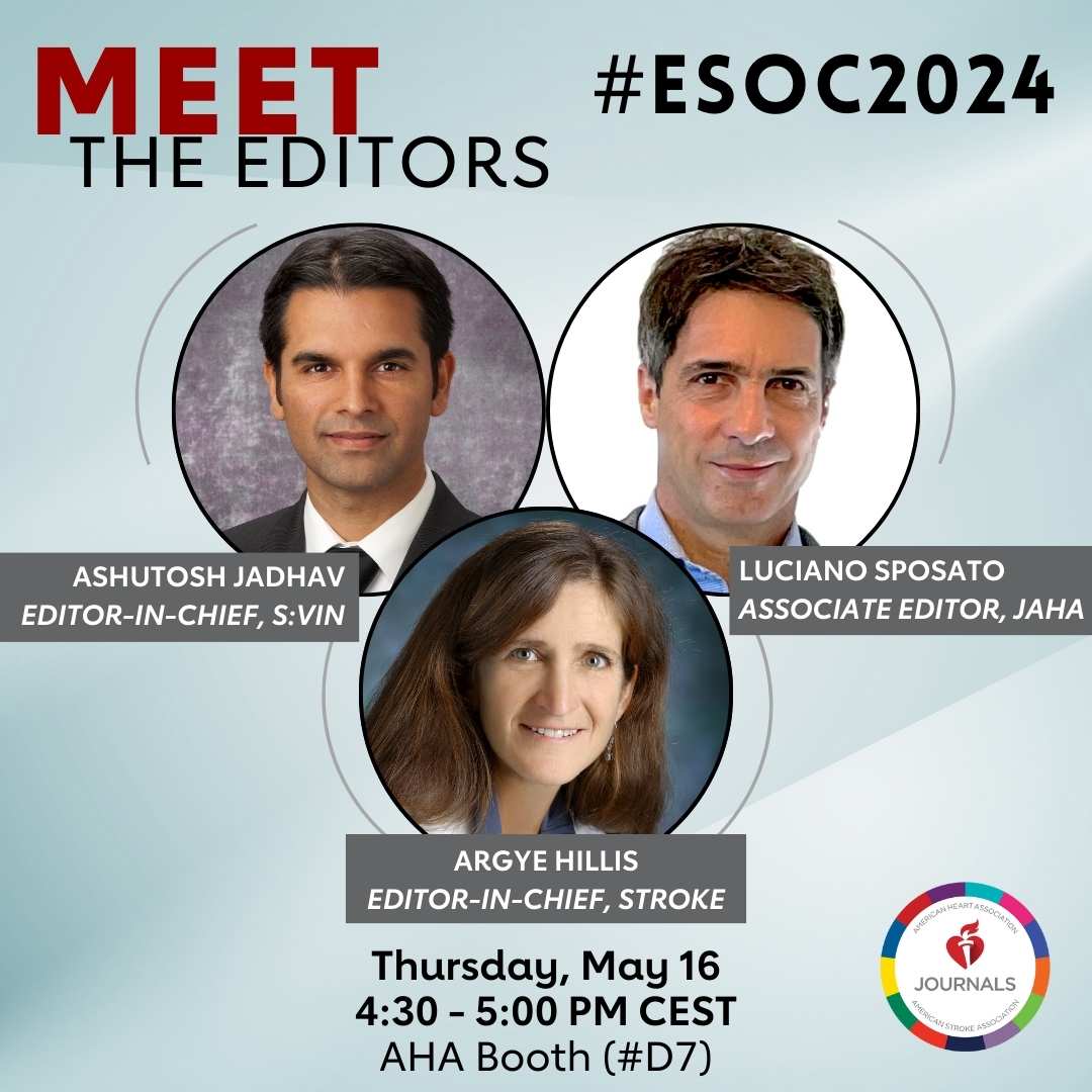 Meet #AHAJournals Editors (including JAHA's Luciano Sposato) at #ESOC24! 
Stop by the AHA booth (D7) on May 16 to learn about publishing in <a href="/StrokeAHA_ASA/">Stroke AHA/ASA</a>, <a href="/JAHA_AHA/">JAHA</a>, and @SVINjournal.
Don't forget to bring your questions for the editors!