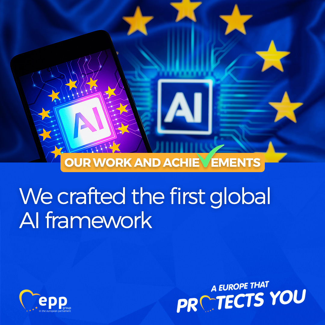 The EPP Group’s instrumental effort in creating the first legislative framework to regulate AI guaranteed that a balance was found between boosting and protecting: 🔵Businesses 🔵Innovations 🔵Consumers Read more: epp.group/OurWork #EuropeProtects