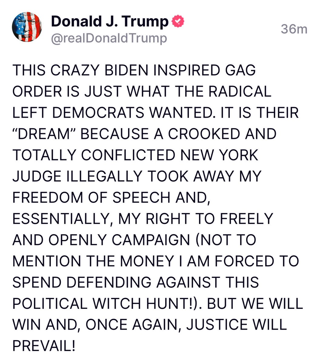 THIS CRAZY BIDEN INSPIRED GAG ORDER IS JUST WHAT THE RADICAL LEFT DEMOCRATS WANTED. IT IS THEIR “DREAM” BECAUSE A CROOKED AND TOTALLY CONFLICTED NEW YORK JUDGE ILLEGALLY TOOK AWAY MY FREEDOM OF SPEECH AND, ESSENTIALLY, MY RIGHT TO FREELY AND OPENLY CAMPAIGN (NOT TO MENTION THE…