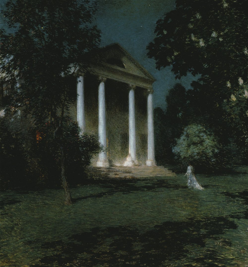 'She walks in beauty, like the night Of cloudless climes and starry skies; And all that’s best of dark and bright Meet in her aspect and her eyes; Thus mellowed to that tender light Which heaven to gaudy day denies.' ~ Lord Byron May Night (1906) 🎨 Willard Metcalf