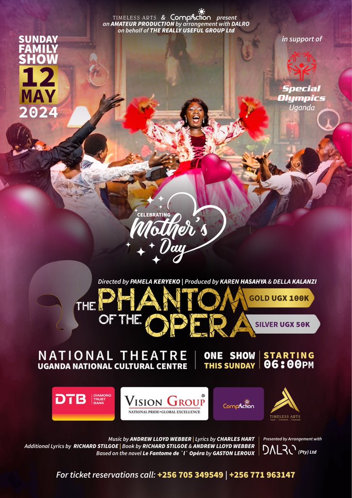 TimelessUg's tweet photo. A world of musical mystery awaits you this Motherβs Day at the National Theatre! Join us for a captivating performance of The Phantom of the Opera, brought to you by @dtb_uganda and @VisionGroup
#PhantomOfTheOpera
#POTOWorldwide
#POTOUganda
#TimelessArts
#CompAction https://t.co/1SIUY77R8F