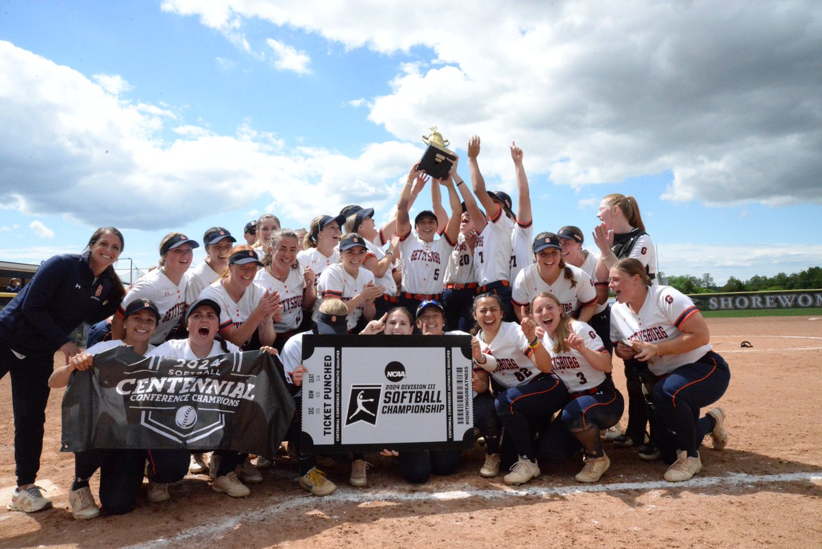 CHAMPIONS! 🏆🏆🏆 @GburgSoftball1 takes down Muhlenberg 7-0 in the @CentennialConf championship game to win the title for the second time in four years! Paige Forry was MOP. The Bullets get the AQ into the NCAA field, announced on Monday. @gettysburg