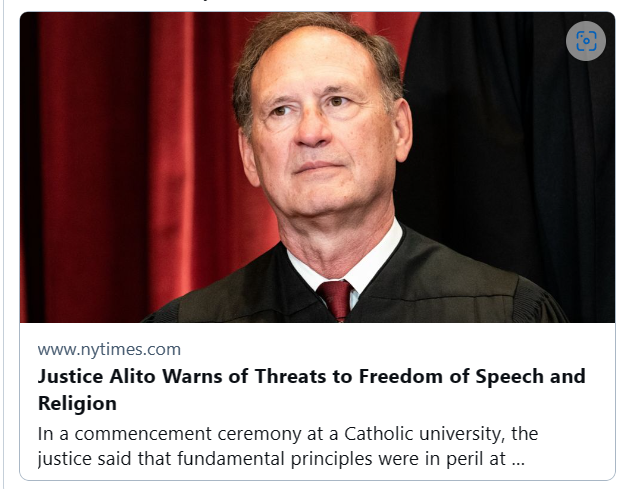 Whenever Justice Alito gives a speech about dangers to freedom of speech and religious liberty, it tends to be a speech about how his personal views are unpopular and people are sometimes unkind about it.