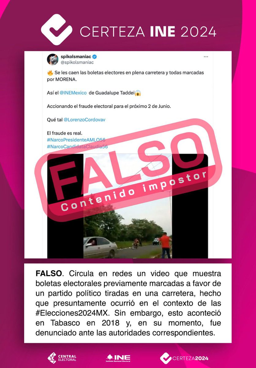 🚨#FALSO | Circula en redes un video que muestra boletas electorales tiradas en una carretera y marcadas a favor de un partido político, el #INEInforma que esto sucedió en 2018 y fue denunciado ante las autoridades correspondientes. #CertezaINE2024 👉 Más información:…