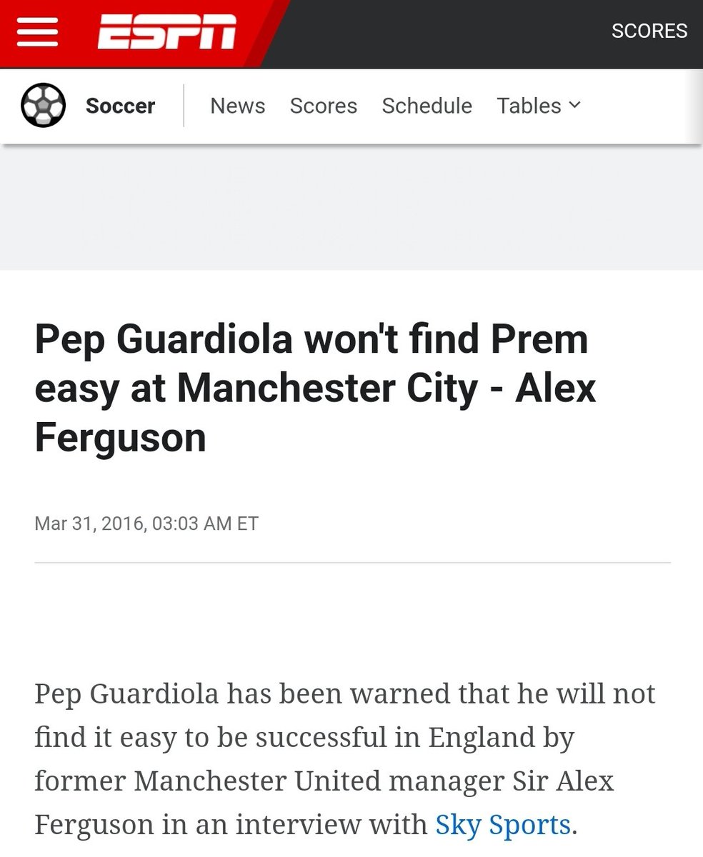 Pep Guardiola won't find Prem easy at Manchester City - Alex Ferguson

Pep Guardiola after 6yrs = 5x Premier League Winner.