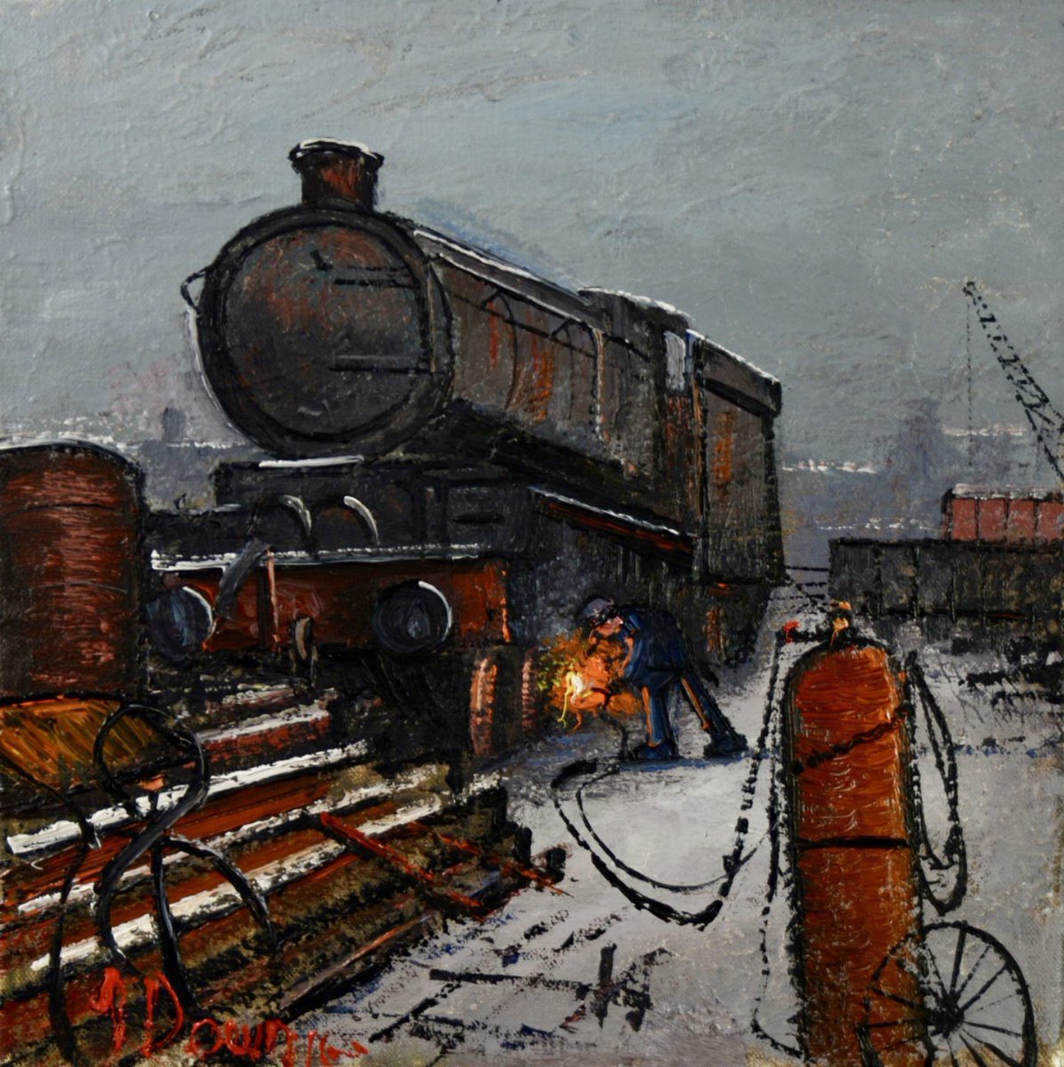 Posted quite a few works by James Downie (b.1949), but think this one of an old, steam locomotive receiving some tender loving care from a welder is definitely a Top 5 Contender 🏆😍 #AcrylicPainting #Art #TransportArt #Trains #Railways #IndustrialArt