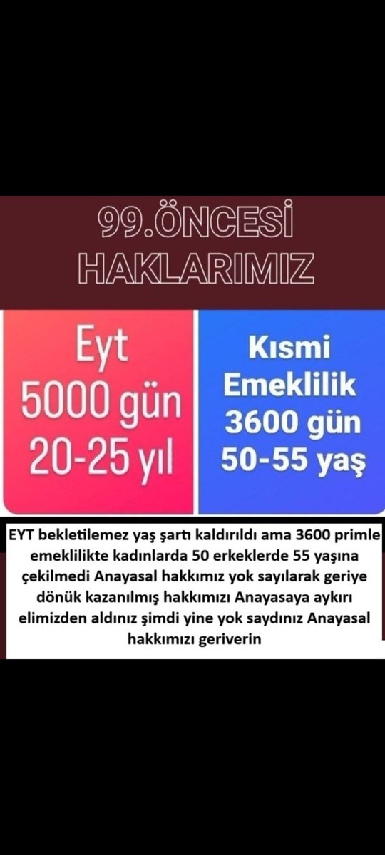 EYT MASADA BIRAKILDI📢 ⬇️ @RTErdogan @isikhanvedat 5BİN VE KISMİYE ADALET📢 ⬇️ @Akparti @yilmaztunc 5000 DİYENLER SESSİZ📢 @resulkurt34 @vedatbilgn SÖZLER TUTULSUN ARTIK📢 @herkesicinCHP @iyiparti @eczozgurozel @cenginyurt52 #5000KısmiArtıkYeterDiyor #EmeklilerArtıkYeterDiyor