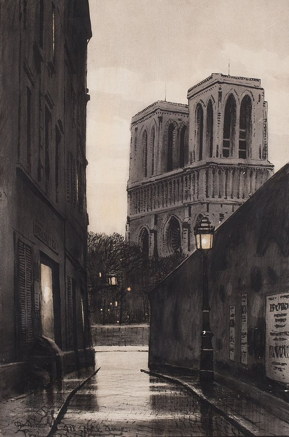 Dobrej nocy Państwu🌟 Odo Dobrowolski (1883-1917), Nokturn Paryski. Widok na Notre Dame, 1911 akwarela, tusz, papier własność prywatna