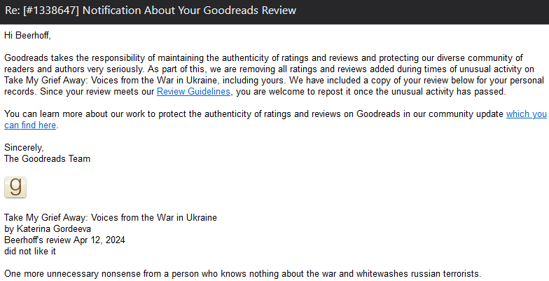 Хах, #Goodreads видалив всі наші рев'ю руснявої книги про війну в Україні