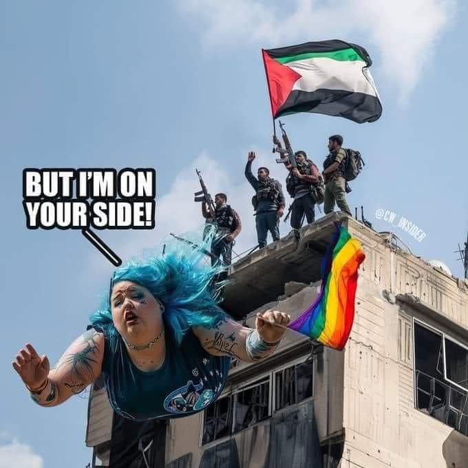 Whenever you see a person with a fag flag 🏳️‍🌈🏳️‍⚧️ in their profile and they say #FreePalestine show them this! Tell them to go over to Gaza, they’ll receive first class treatment! #FuckPalestine