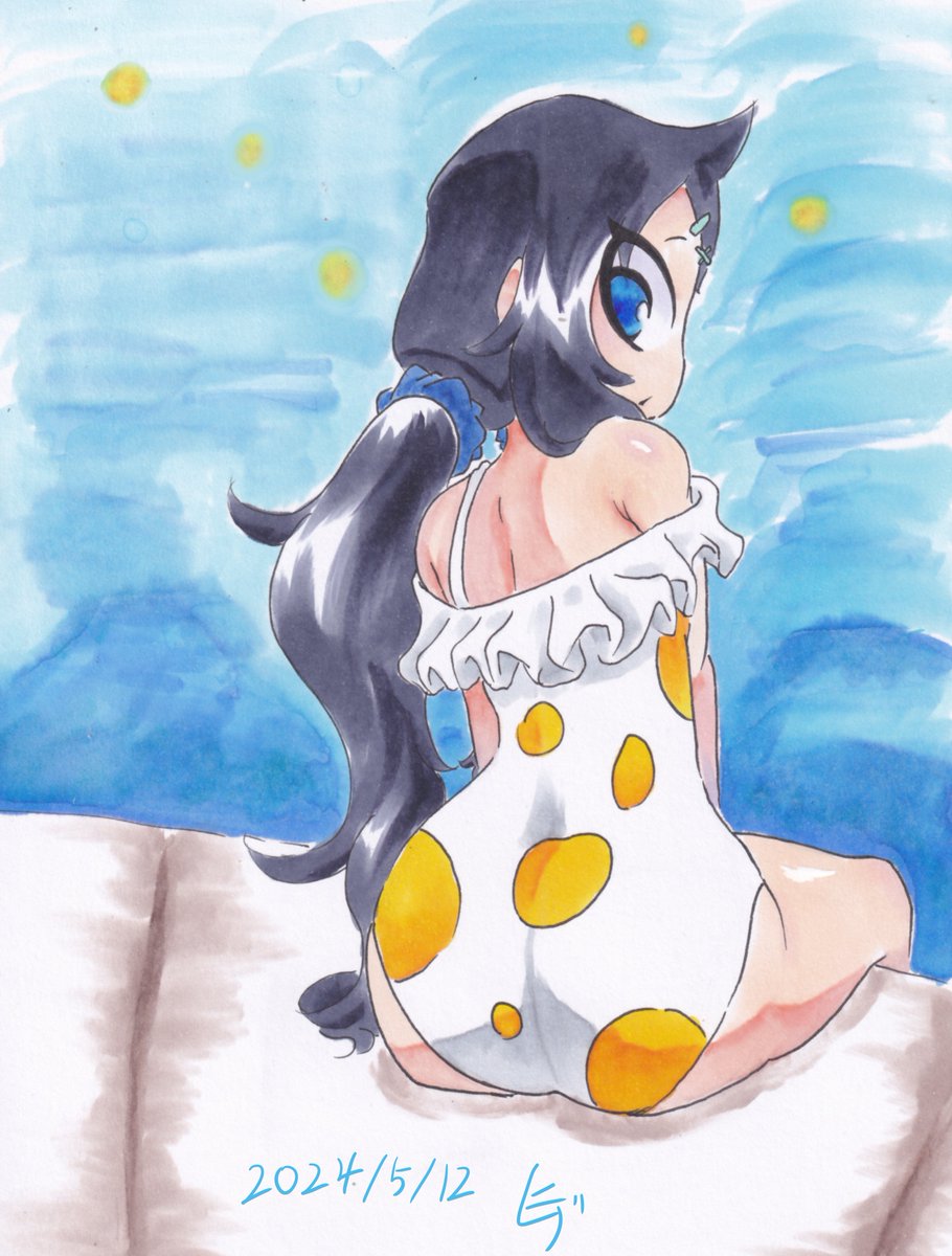 #うちの子
水着勇者ちゃんかわいいね！！！！！！！！！
泳ぐ前にちゃぷちゃぷ足つけてのんびりしてるところに
なにか視線を感じたようです。