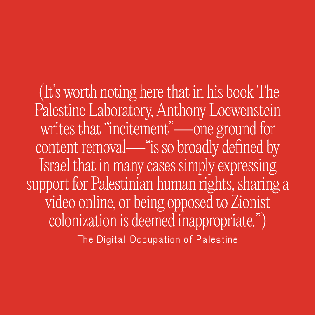 syntaxmag's tweet photo. "Across social media, then, the one-sided, pervasive over-moderation of Palestinians and Palestine is so frightening because it undercuts some of the few spaces where rights abuse is documented and narrated to a mass audience..." https://t.co/i412Om9had
