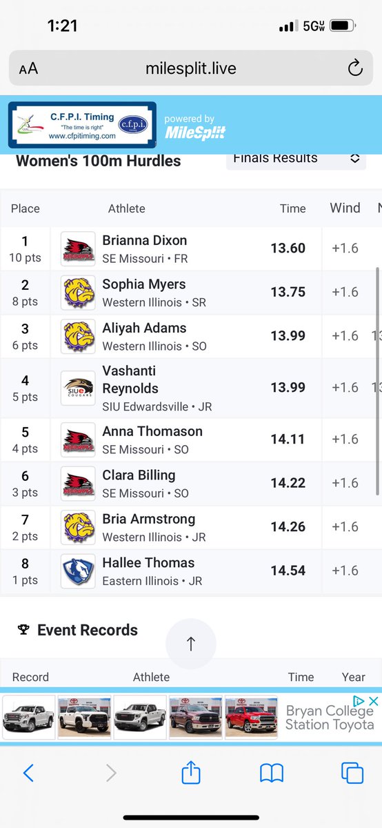 POINTS SCORED 🚨 Hallee Thomas placed 8th in the 100 meter hurdle finals! #EIUTF #BleedBlue #OVC 🔥🔥🔥