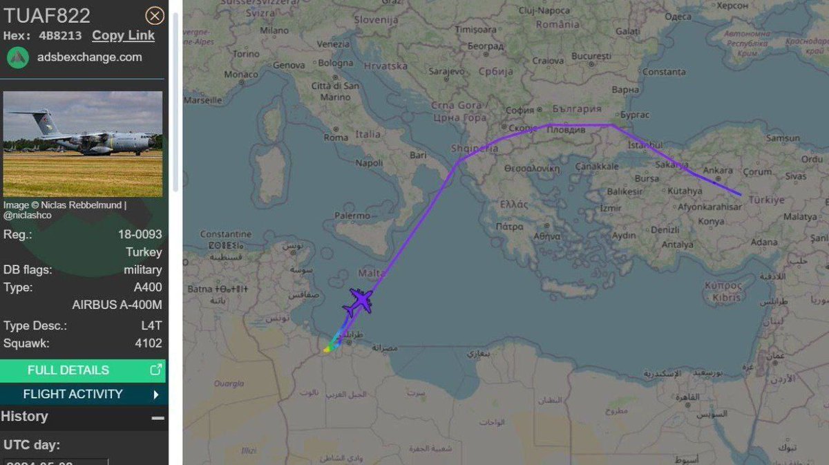 🇹🇷 Libya batısındaki Türk askeri üssüne ekipman ve mühimmat taşıyan Türk askeri uçaklarının hava trafiği devam ediyor. 📌 Sevkiyatlarda SİHA'ların olduğu söyleniyor.. #eurovisiongr #Eurovision2024