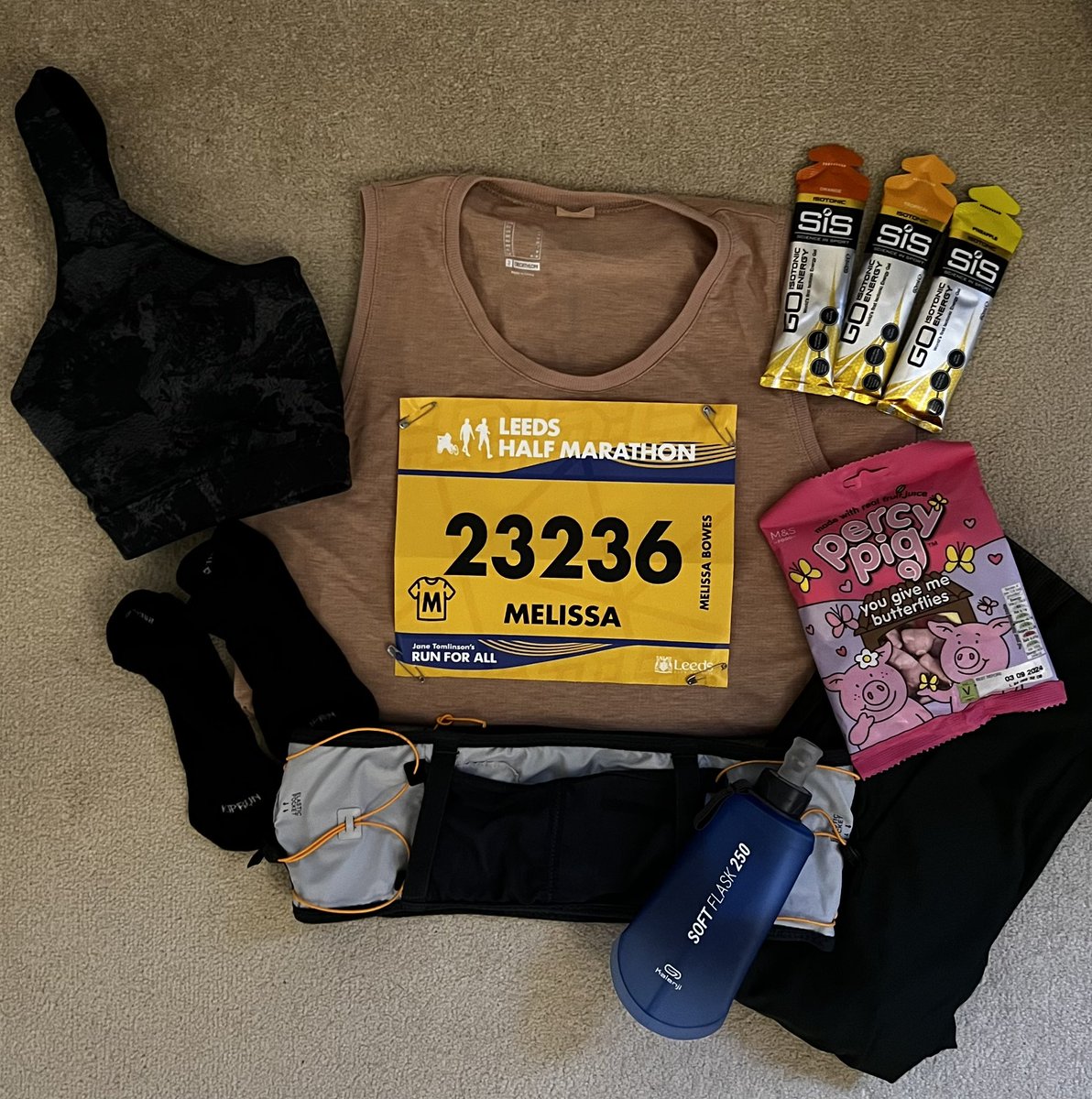 Half marathon eve flat lay! What have I forgotten? (Apart from shoes 😅)

#LeedsHalfMarathon
