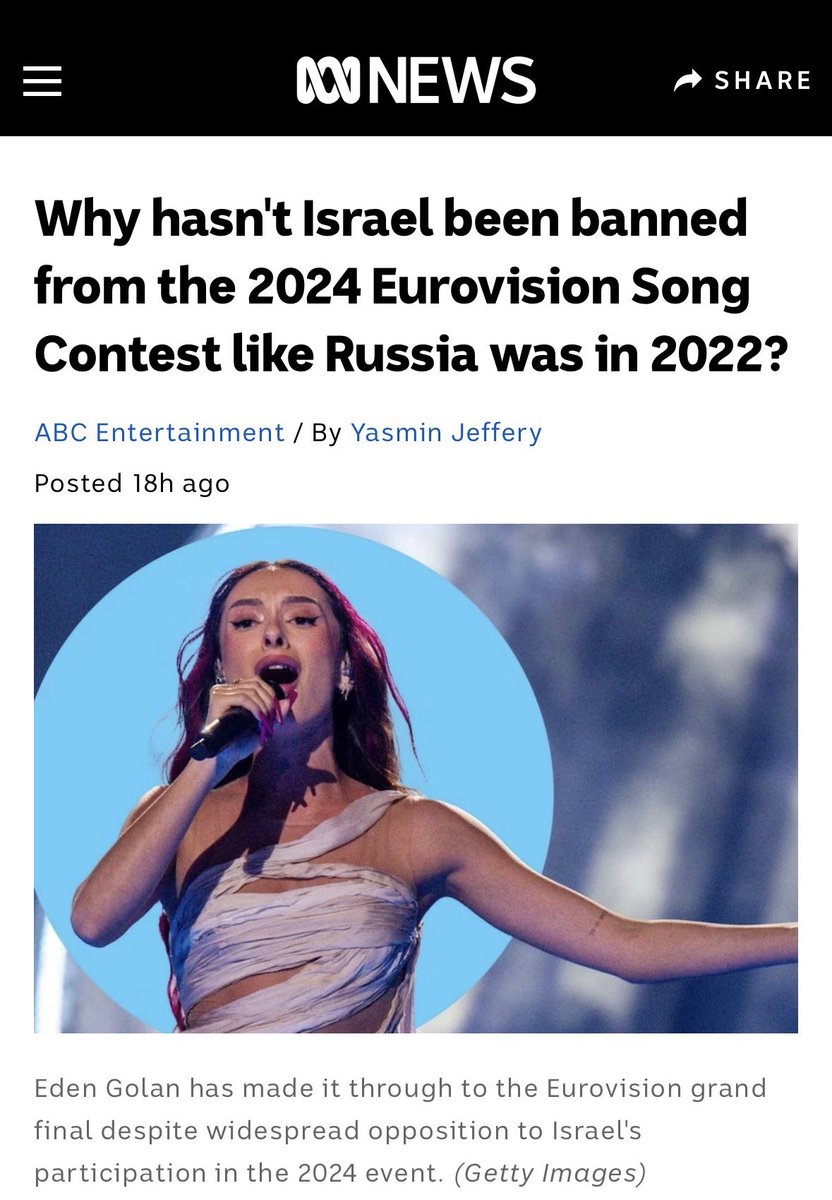 Russia wages an unprovoked, illegal war against a peaceful country.

Israel fights a defensive, just war against a genocidal terrorist organisation.

#Eurovision2024