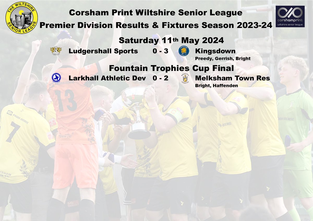 Congratulations to @MELKSHAMTOWNFC Res on their 2-0 win over @LarkhallAthlet1 in the final of the Fountain Trophies Cup. In the final league game of the season in the Premier Division @Kingsdownlions were 3-0 winners away at Ludgershall Sports.