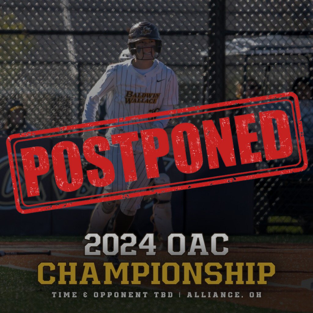 Baldwin Wallace Athletics (@bwathletics) on Twitter photo SB: Today's OAC Championship has been postponed due to unplayable field conditions in Alliance.
Jackets will play the winner of <a href="/ONUSports/">Ohio Northern Sports</a> and <a href="/FightingMuskies/">Muskingum Athletics</a> at 1:00 p.m. tomorrow. SB: Today's OAC Championship has been postponed due to unplayable field conditions in Alliance.
Jackets will play the winner of <a href="/ONUSports/">Ohio Northern Sports</a> and <a href="/FightingMuskies/">Muskingum Athletics</a> at 1:00 p.m. tomorrow.