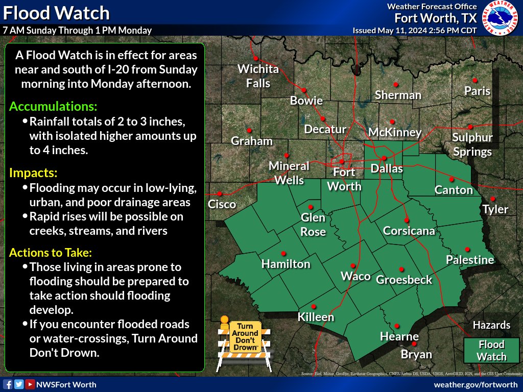 ⚠️A Flood Watch is in effect Sunday morning through mid-day Monday for areas generally along and south of I-20. The highest rainfall totals will range from 2-3 inches, with isolated totals to 4 inches possible. #ctxwx #dfwwx