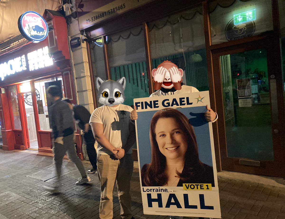 Slightly awkward moment at 2am on George’s Street Dún Laoghaire last night when my poster volunteer ran into this guy with this. 😑 He said he was going to vote HALL which is some consolation I suppose. #VoteHALL #LE24