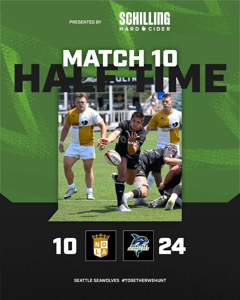 HALFTIME! Thanks to @SchillingCider @nolagoldrugby brought the heat, but our Seawolves are igniting the scoreboard! 🔥 @usmlr | #StrongerTogether | #StayCool | #PlayHot | #TogetherWeHunt | #NOLAvsSEA | #SeattleSeawolves | #MLR2024