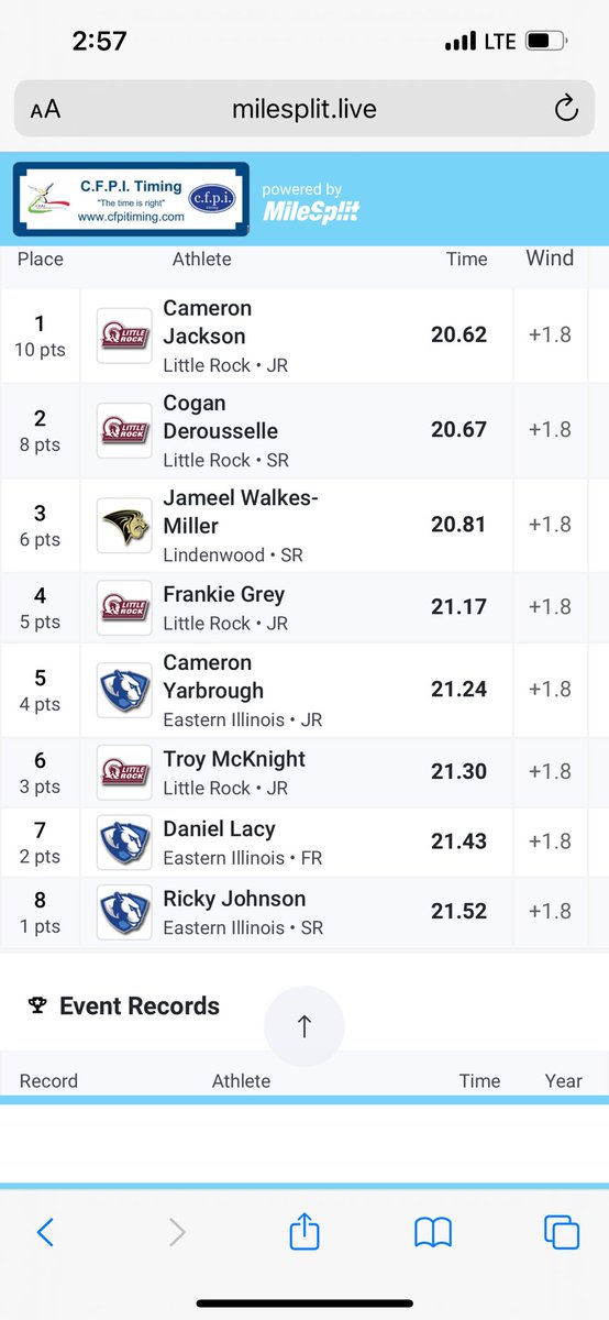 POINTS SCORED 🚨 Cameron Yarbrough (5th), Daniel Lacy (7th), and Ricky Johnson (8th) scored points in the men’s 200 meter dash! #EIUTF #BleedBlue #OVC 🔥🔥🔥