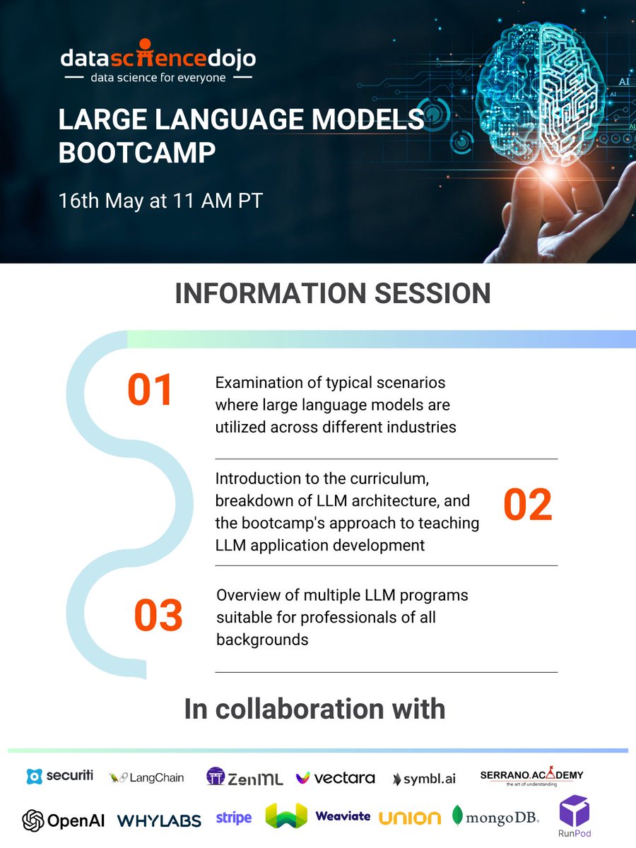 📢 Don't forget to join us on May 16th to learn about the first, and most comprehensive #LLM bootcamp anywhere in the world: hubs.la/Q02wBlnL0

#LLMBootcamp #AIBootcamp #LanguageModels #LargeLanguageModel #AI #Azure #LangChain #LLM #artificialintelligence