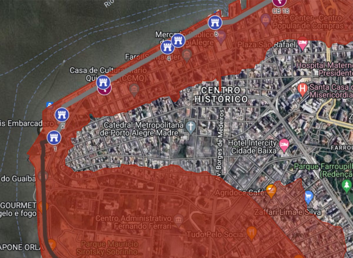 À esquerda, Porto Alegre em 1840. À direita, a mesma cidade após sucessivos aterros do Rio Guaíba, expansão urbana e especulação imobiliaria. Em vermelho, as áreas que o rio está tomando de volta. Se retirar as áreas 'invadidas' pela água em vermelho vc observa o mapa de 1840...
