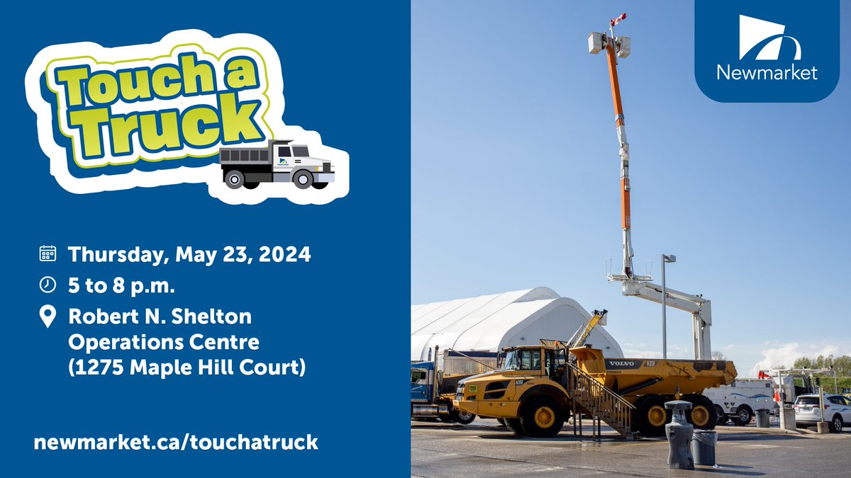 Vroom, vroom! 🚜 Bring the whole family for an evening of hands-on fun at #Newmarket’s Touch a Truck! 📅 May 23 | 5 to 8 p.m. (please arrive by 7:30 p.m. to ensure entry) 📍 Robert N. Shelton Operations Centre Info: newmarket.ca/touchatruck