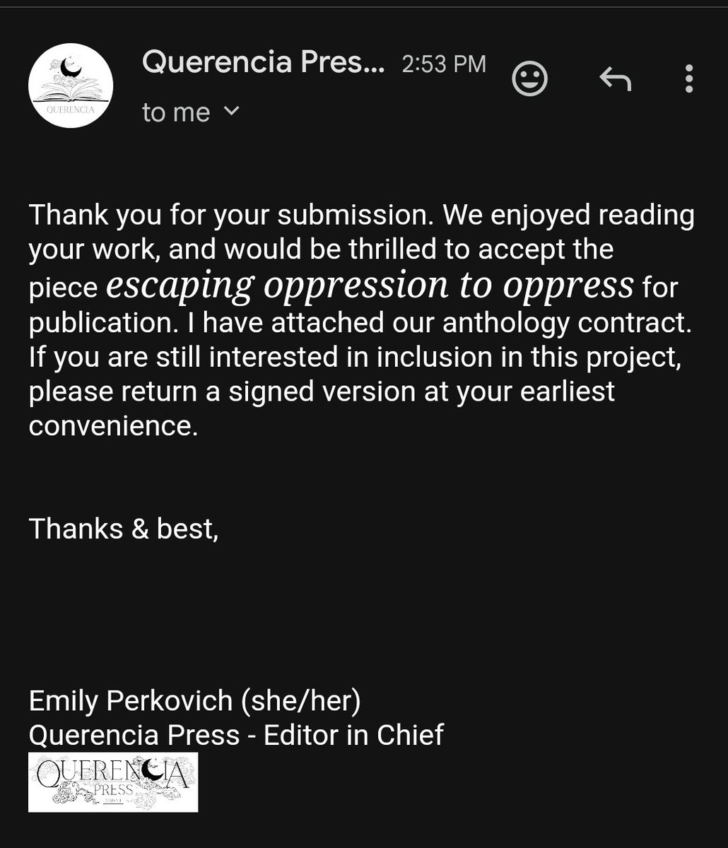 so excited @QuerenciaPress accepted my poem 'escaping oppression to oppress' !!! i hope this poem is as loud as i intend it to be! thank you @emily_perkovich