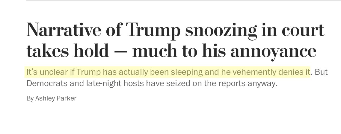 Funny how an undisputed fact (Trump sleeping in court) is now just something that's alleged but has turned into a 'narrative' yet somehow 'Biden is too old to be President' (a 'narrative' with no grounding in fact) has taken hold w/the help of reporters like this 🙃