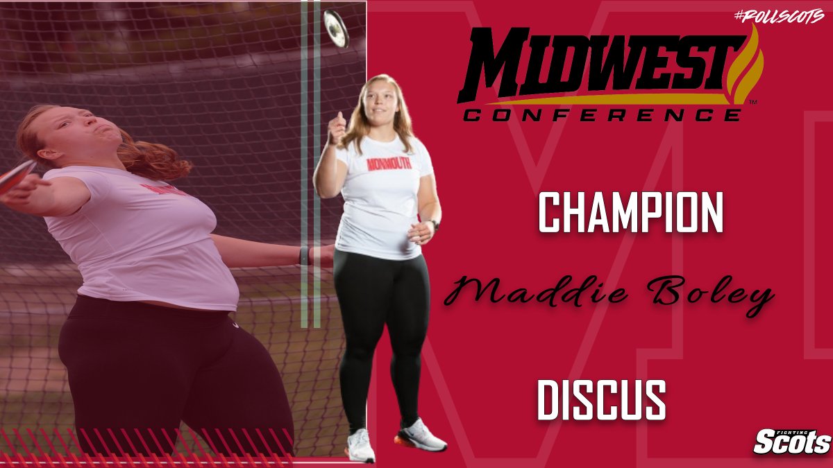 A clean sweep this weekend for @maddie_boley who now has 6 career outdoor @MWCSports titles and 8 overall. Boley wins Discus for the 3rd straight season! @ScotsTFXC @MonmouthCollege #RollScots