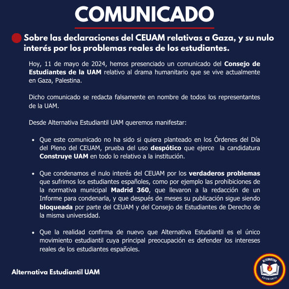 🔴 Comunicado sobre las declaraciones del <a href="/ceuam/">Consejo de Estudiantes UAM</a> relativas a Gaza, y su nulo interés por los problemas reales de los estudiantes.