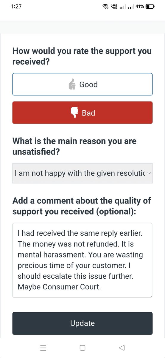 MadhuBisaria's tweet photo. @ola_supports @ola_supports @Olacabs After getting the second mail at 6.30pm I had retweeted. I had also rated your support as BAD in the same mail. Screenshot attached.Kindly check at your end. #consumer #CustomerExperience #consumerrights https://t.co/rrAPUpildC