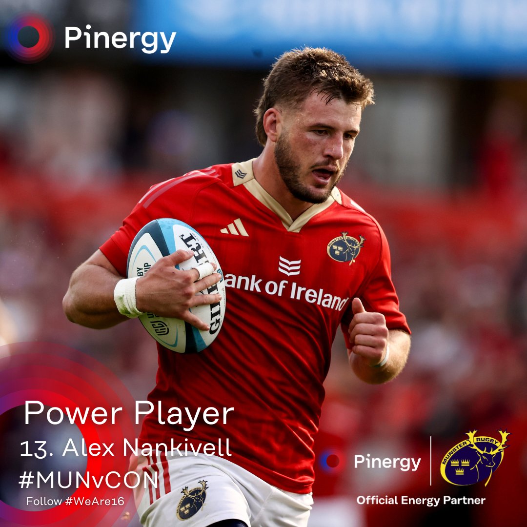 Alex Nankivell was the Pinergy Power Player in Munster’s bonus-point 47-12 win over Connacht at Thomond Park.

He topped the stats with 92.8 metres gained from his 12 carries, with 5 defenders beaten and one try.

#MUNvCON #SUAF🔴 #WeAre16