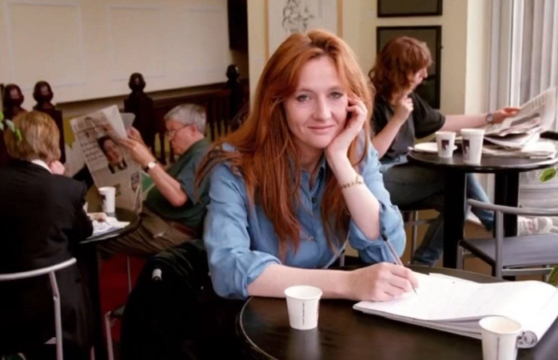 J.K. Rowling writing Harry Potter at a café in Scotland, 1998