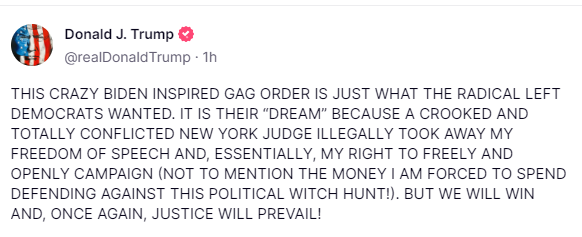 #USDemocracy, #DemVoice1, #DemsUnited

FFS! 🤦‍♂️🙄

First off: The gag order, just like the court case,  is nothing whatsoever to do with President Biden!

Secondly: Does the wuckfitted orange turd really not understand the gag order limits? 🤷‍♂️

How TF can it be so stupid with only