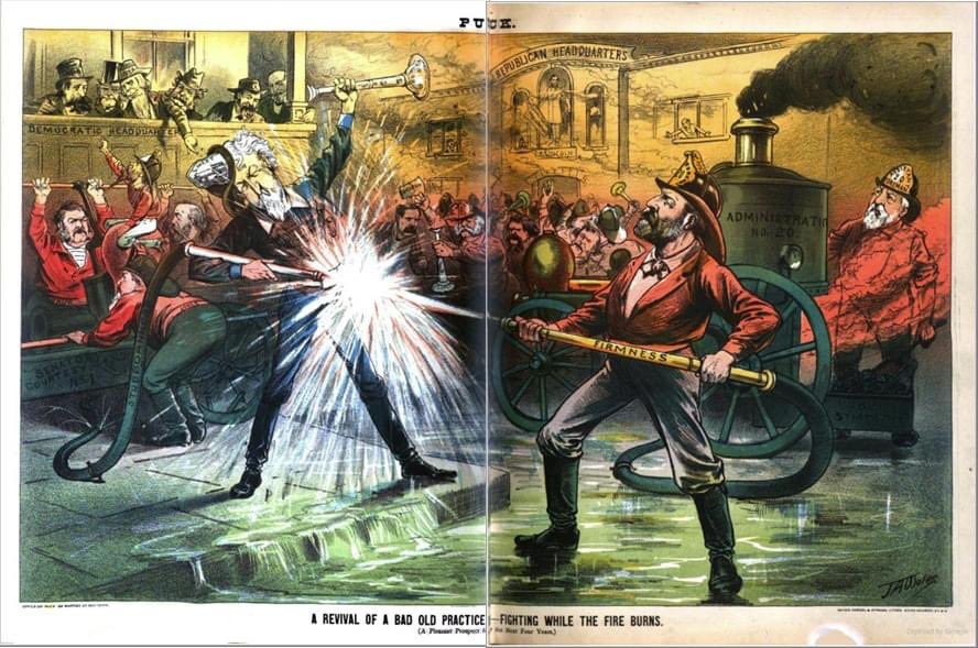 “A REVIVAL OF A BAD OLD PRACTICE: FIGHTING WHILE THE FIRE BURNS (A Pleasant Prospect to the Next Four Years).” PUCK cartoon, May 11, 1881, at the height of the patronage battle between Senator Roscoe Conkling (left) & President James A. Garfield (right). #jamesagarfieldnhs