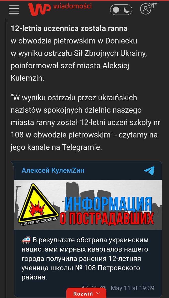 WP PL- 'Ukraińscy naziści ranili 12 letnie dziecko próbując je zamordować na rozkaz zeleńskiego'