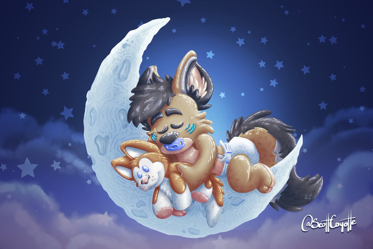 Baby phelan fell asleep on the moon. (2024). Digital Drawing. Commission

Baby phelan fell asleep on the moon,
drifting away and sailing through clouds.
Cradled by the wind and nightly howls,
he slumbers about, and back to his house.

A small commission for @SmallishWolf 
#furry